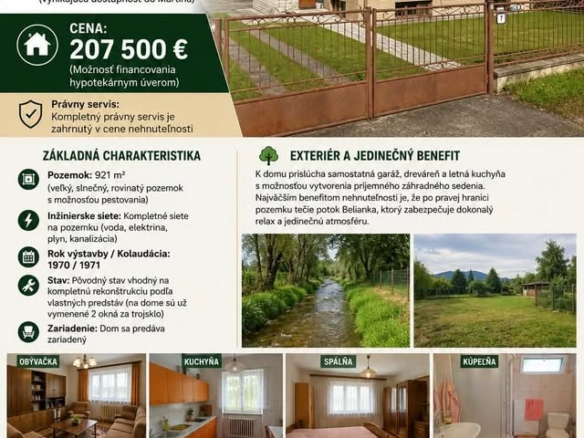 RD s potokom a veľkým 921m² pozemkom – Košťany nad Turcom